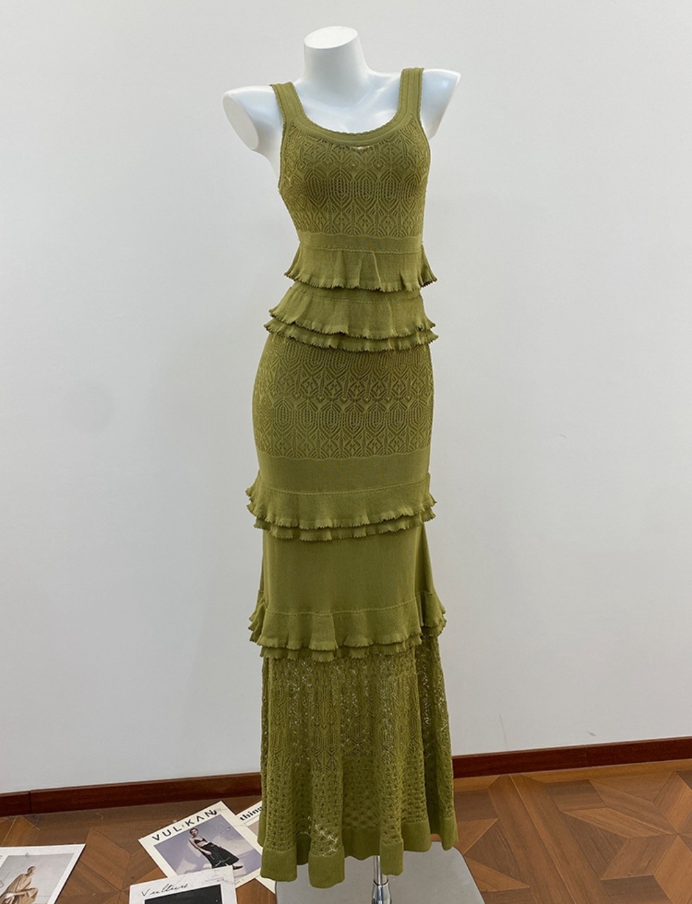 🟢Sandro Olive Green Tiered Ruffle Knit Midi Dress Sleeveless Lace - Picture 9 of 12
